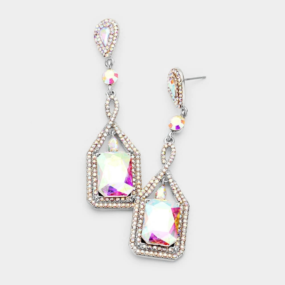 Silver Abalone Crystal Rectangle Dangle Earrings